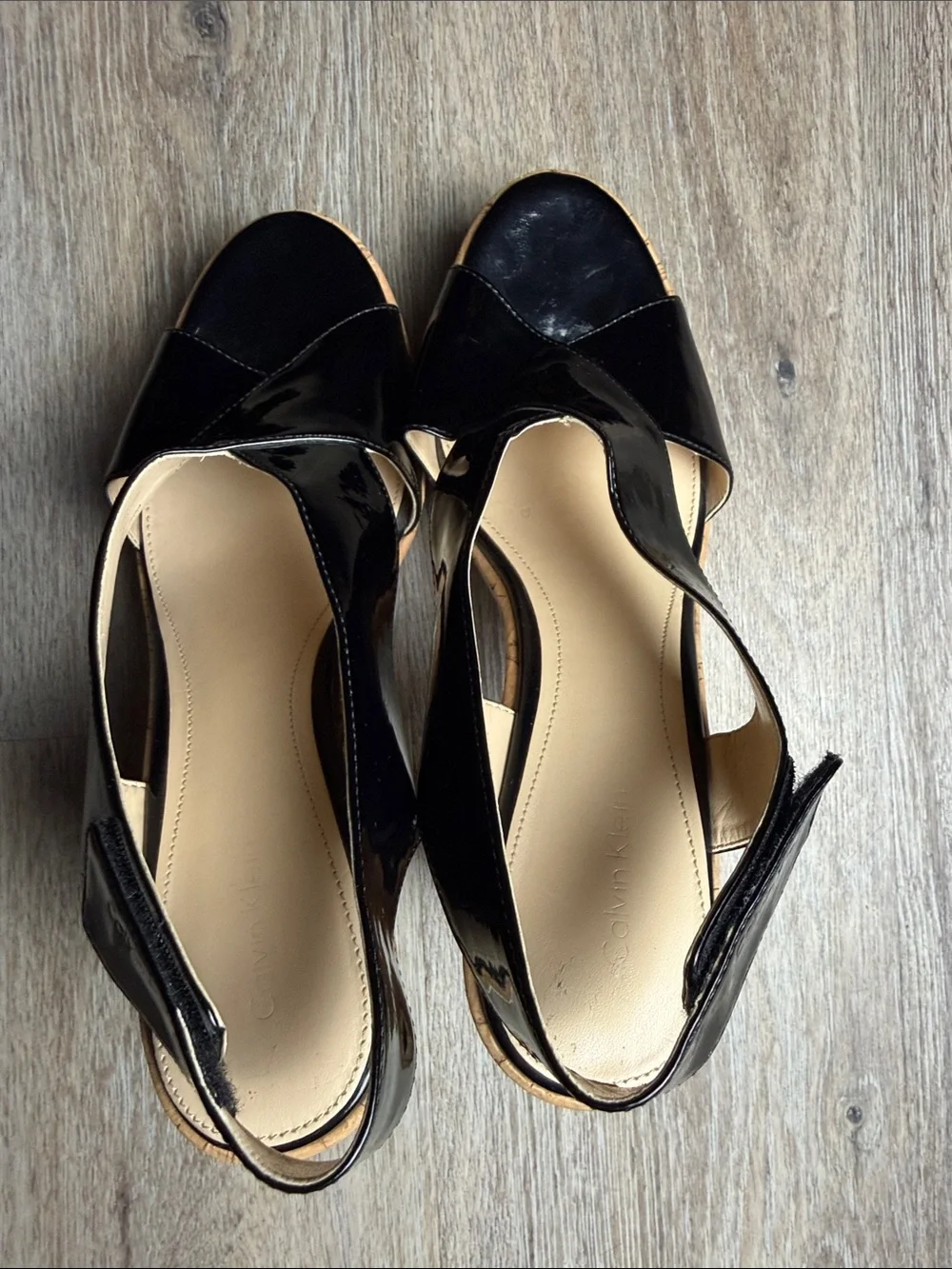 Calvin Klein Black Patent Cork Platform Block Heel Sandals Size 10B